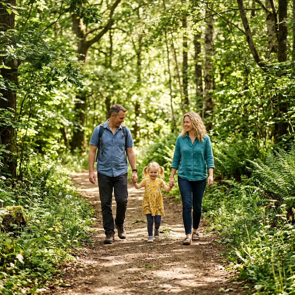 Family walking on a forest path